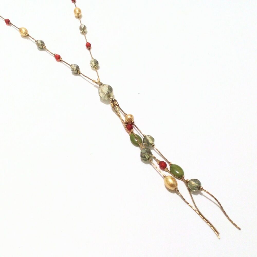 Gold Tone Earth Tone Bead Y Drop Tassel Necklace Faux Pearls - Picture 8 of 8